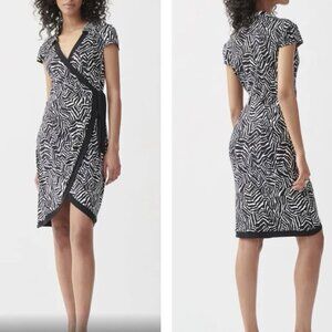 NWT $236 Joseph Ribkoff Dress 8 Black Vanilla Zebra Print Faux Wrap 221356